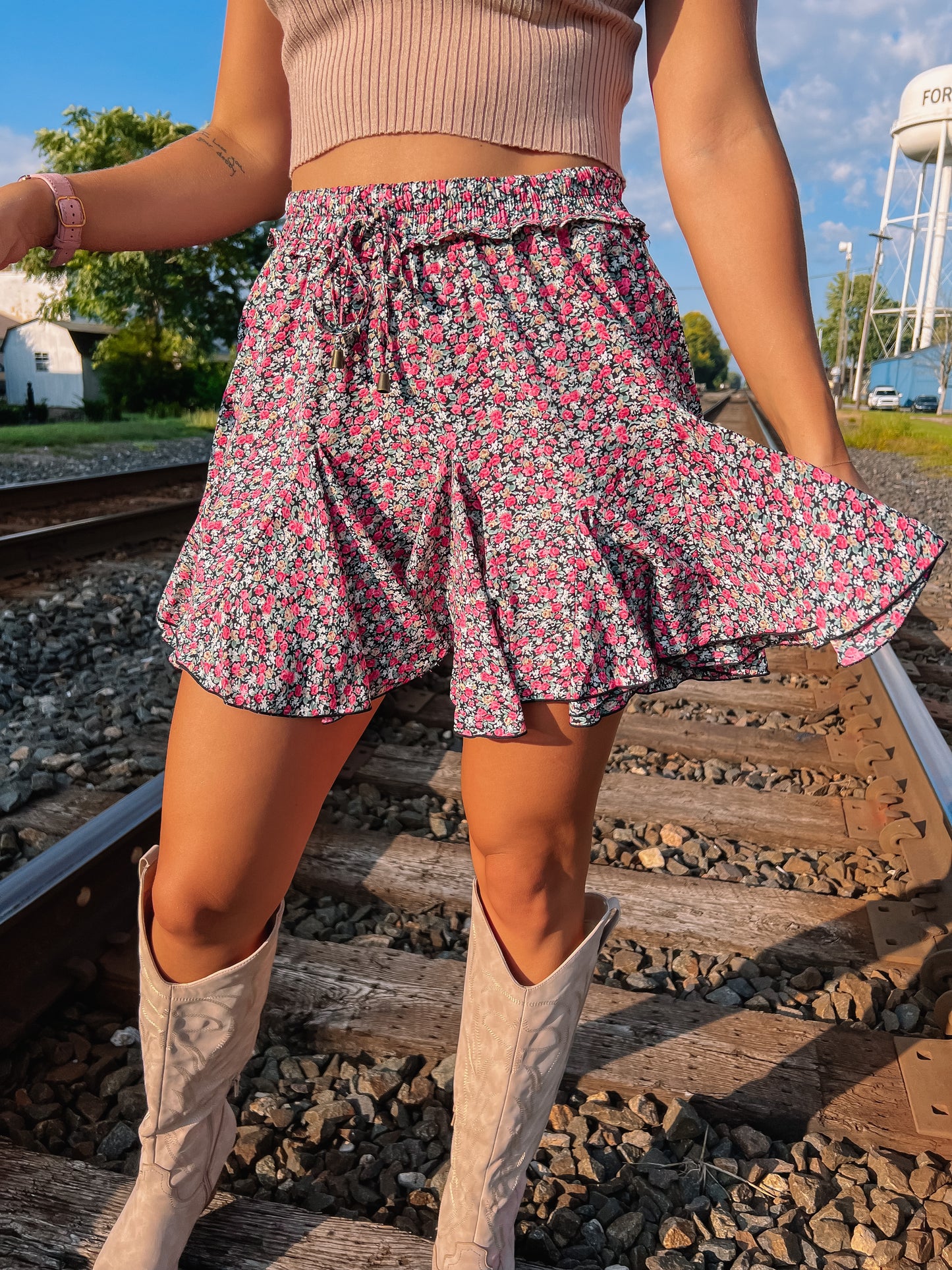 Black Floral Print Skort