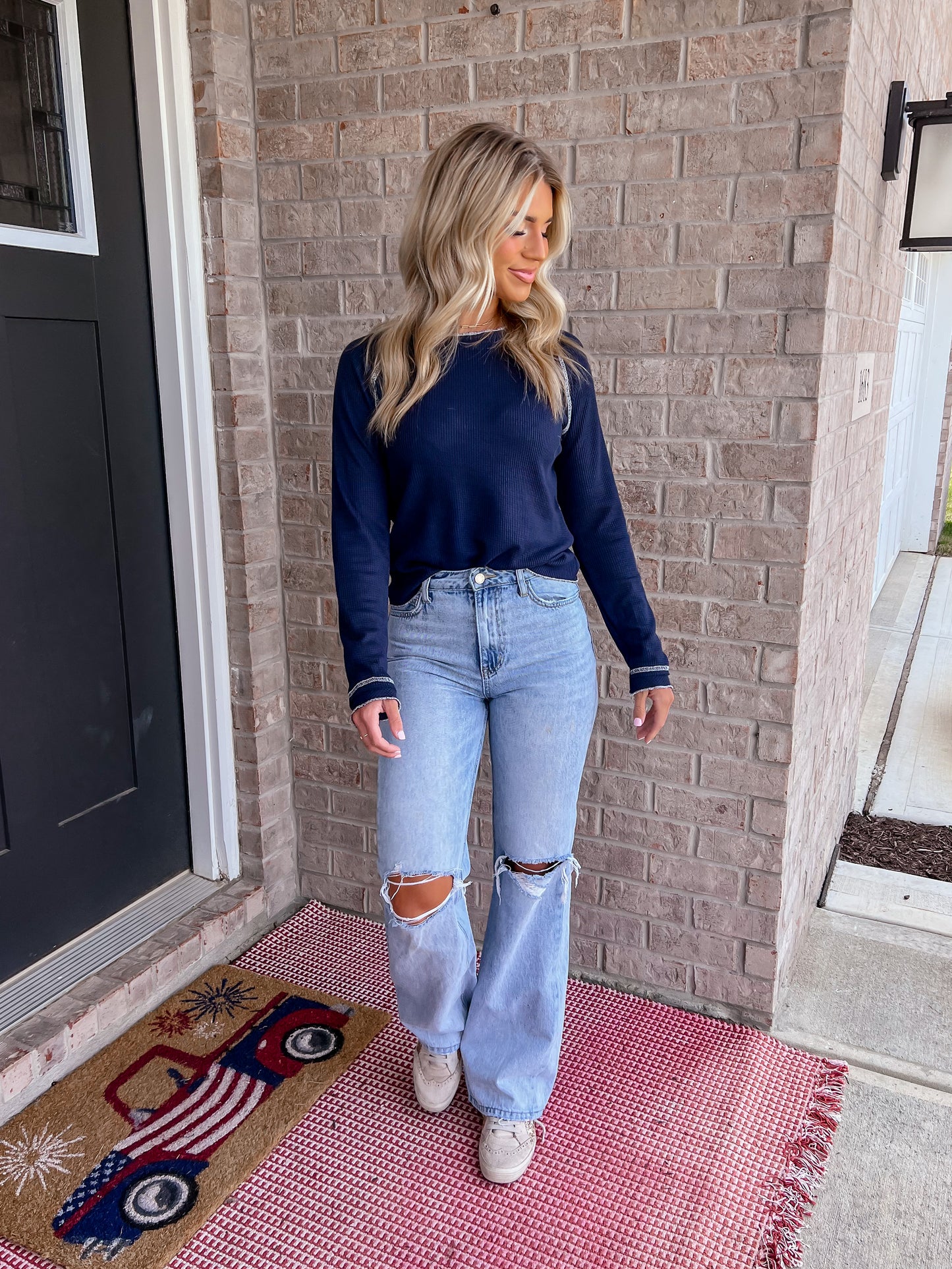 Blue Waffle Knit Casual Top