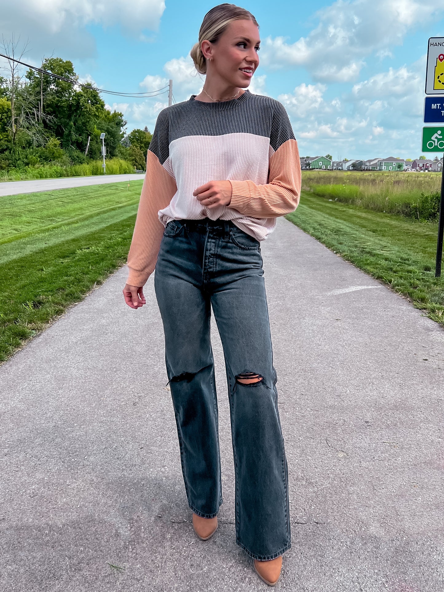 Black/Taupe Color Block Corduroy Top