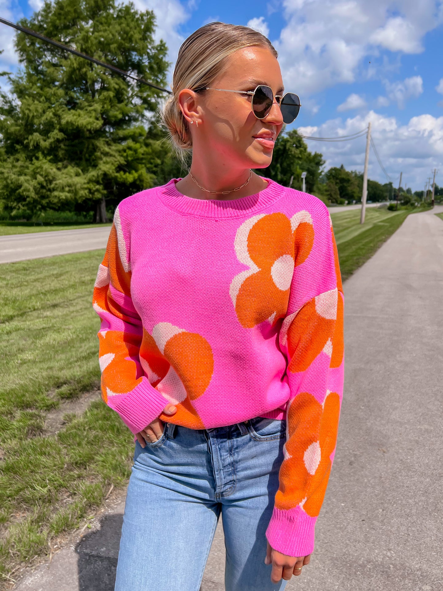 Pink/Orange Floral Print Sweater