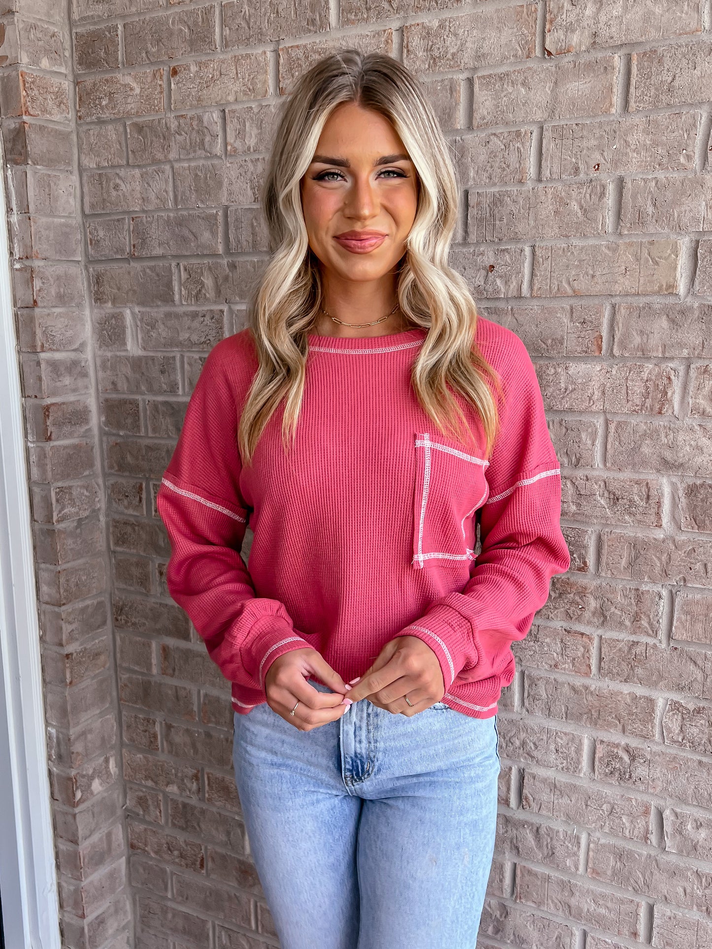 Waffle Knit Longe Sleeve Pocket Top