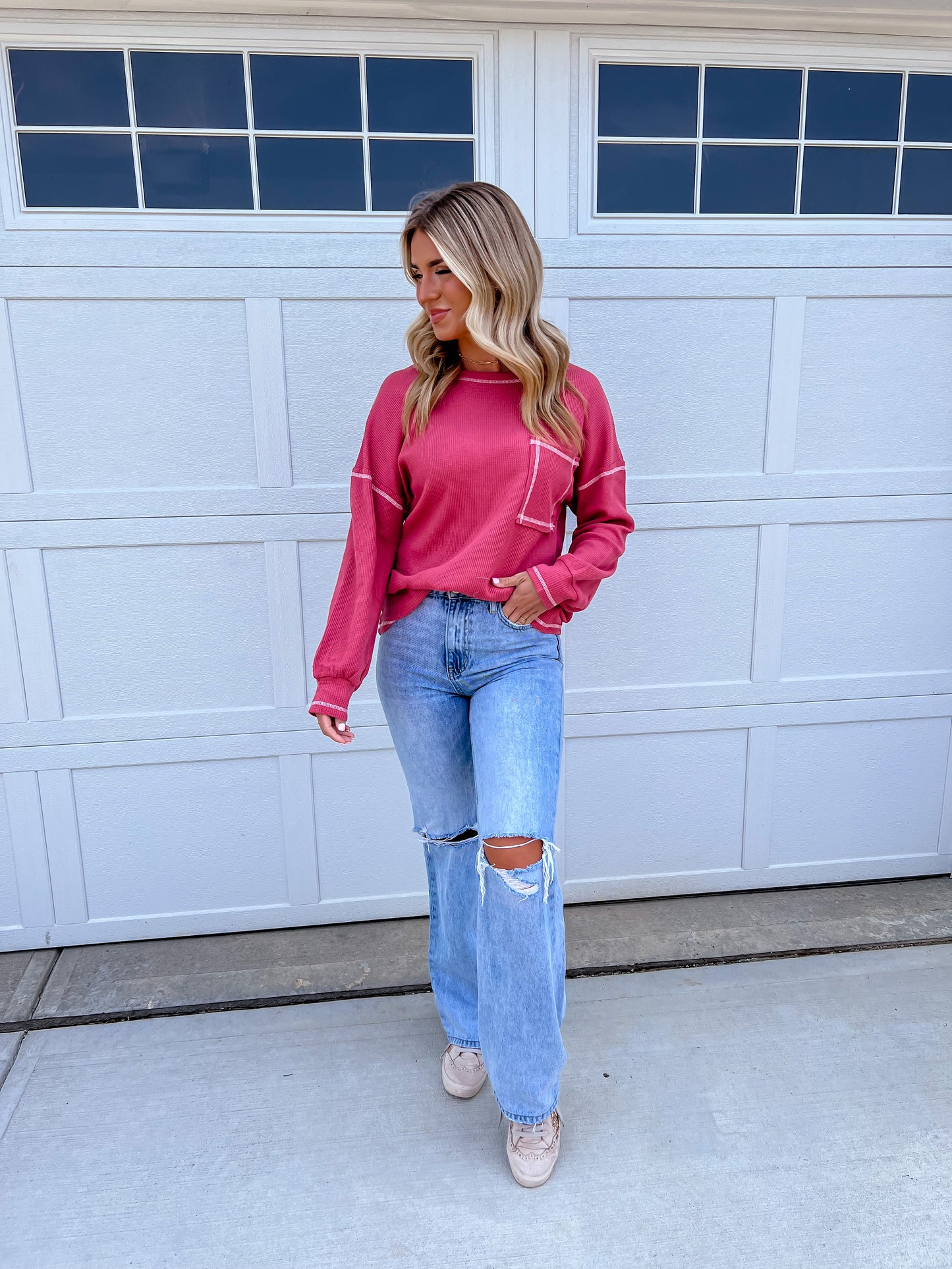 Waffle Knit Longe Sleeve Pocket Top