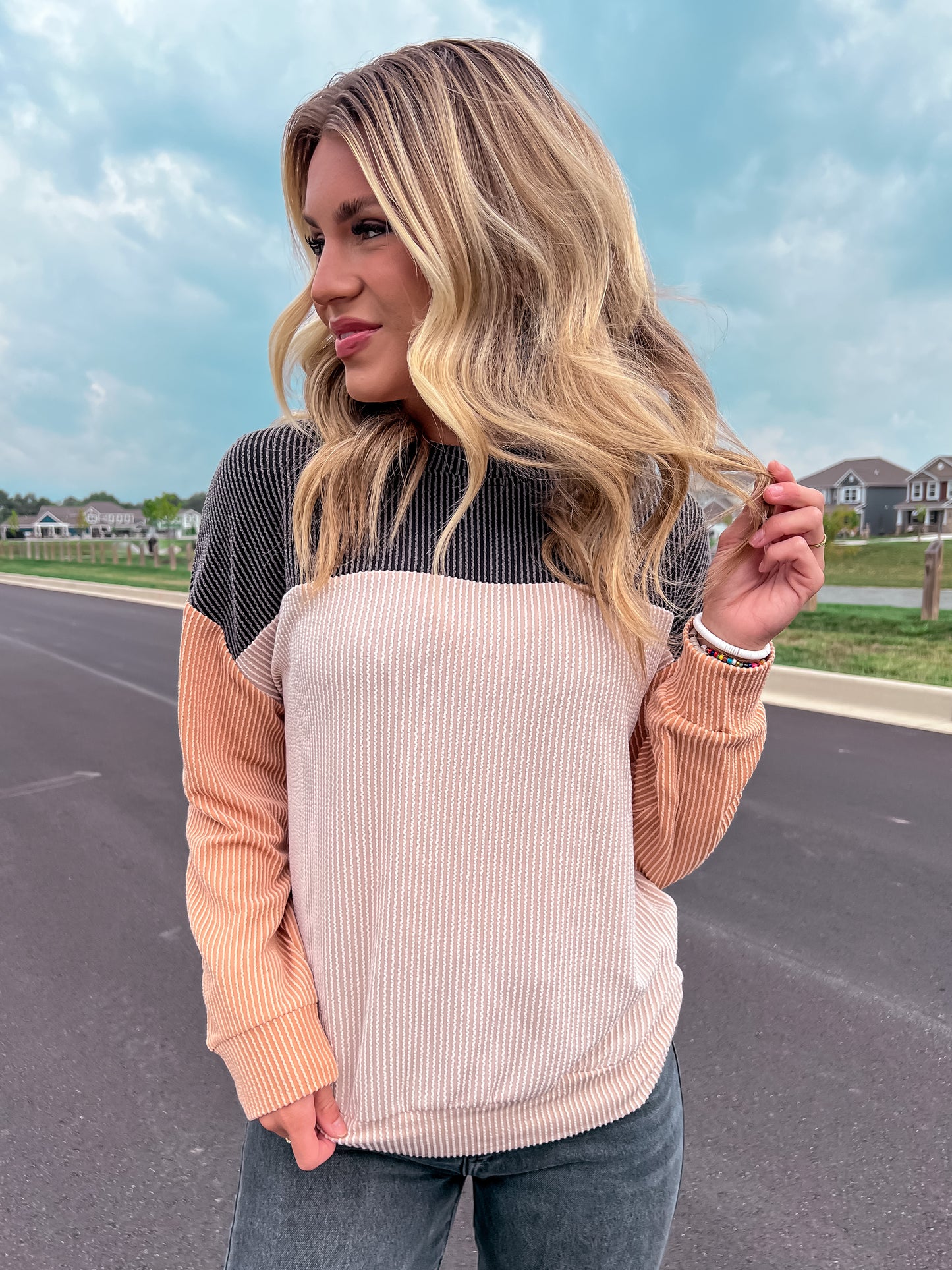 Black/Taupe Color Block Corduroy Top