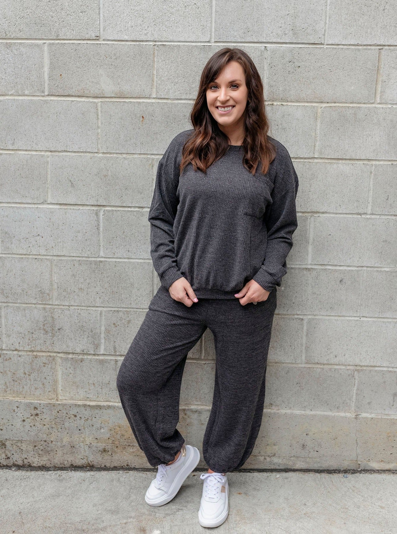 Charcoal Long Sleeve Waffle Knit