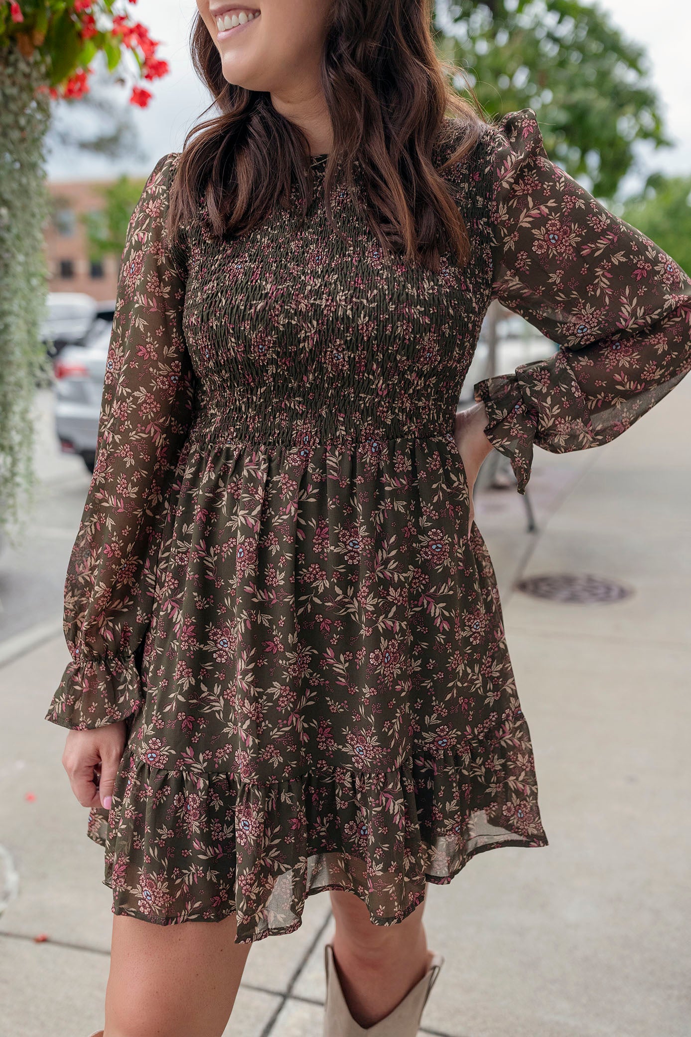 Olive Mock Neck Floral Dress
