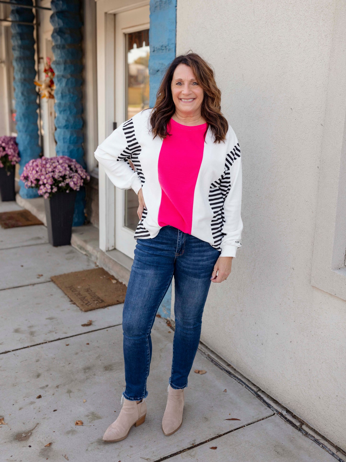 Pink/White/Black Striped Top