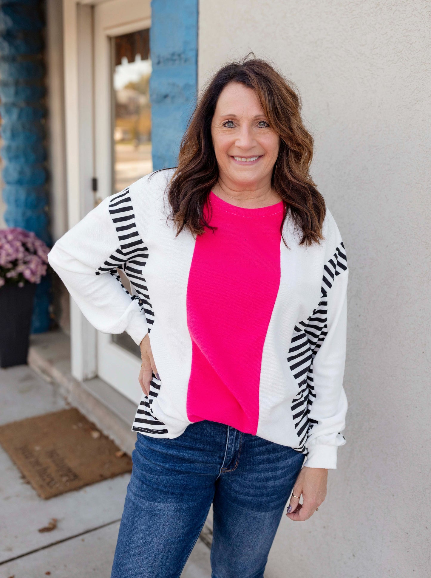 Pink/White/Black Striped Top