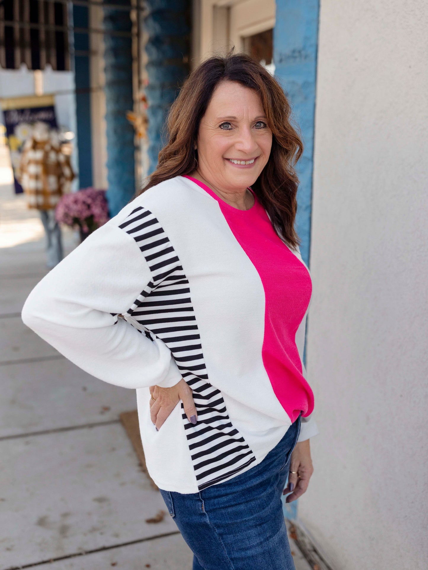 Pink/White/Black Striped Top