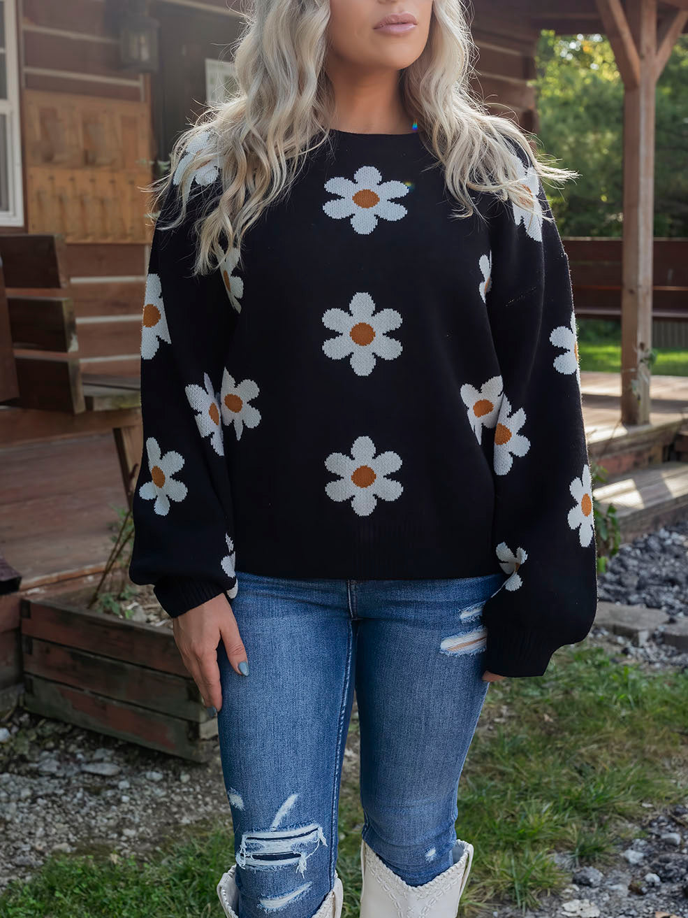 Black Floral Knit Sweater
