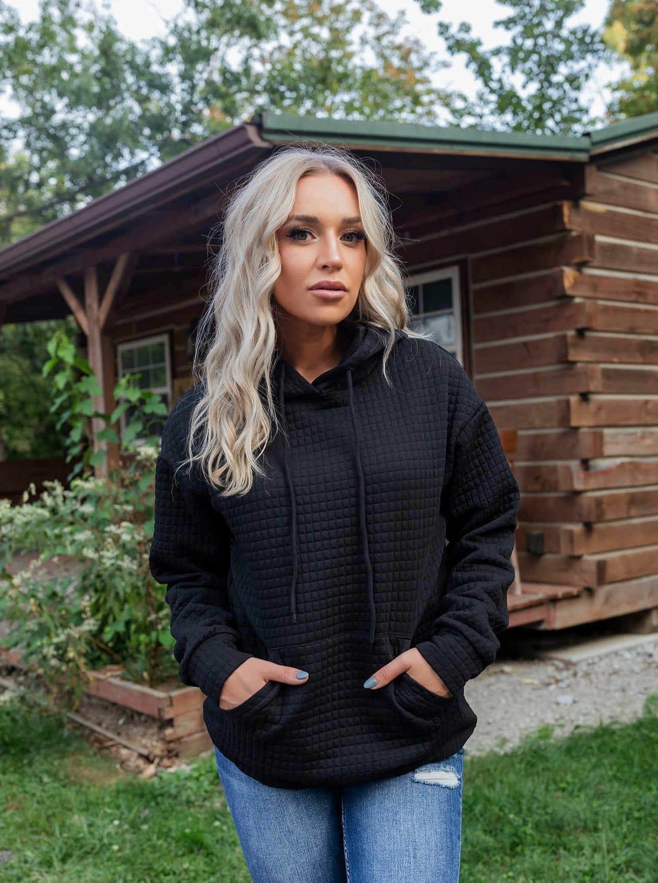 Black Lattice Textured Hoodie