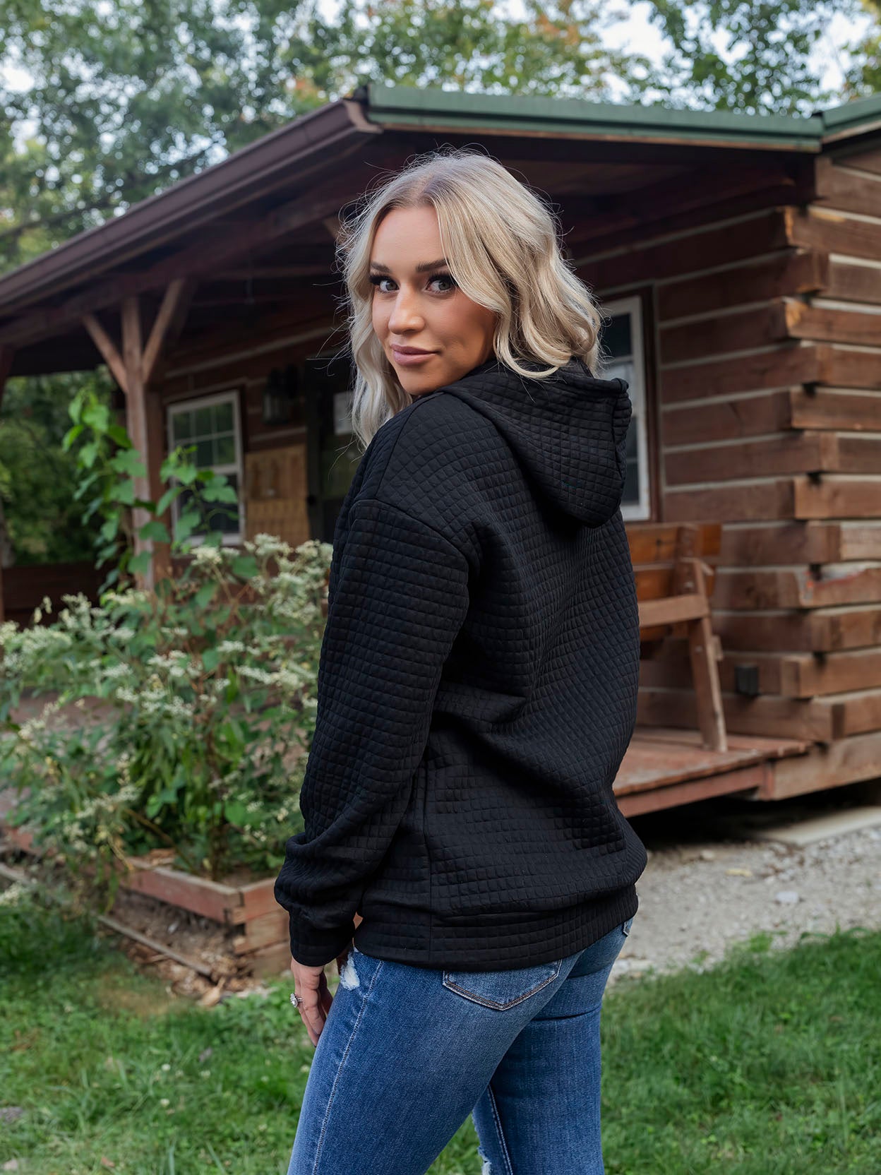 Black Lattice Textured Hoodie