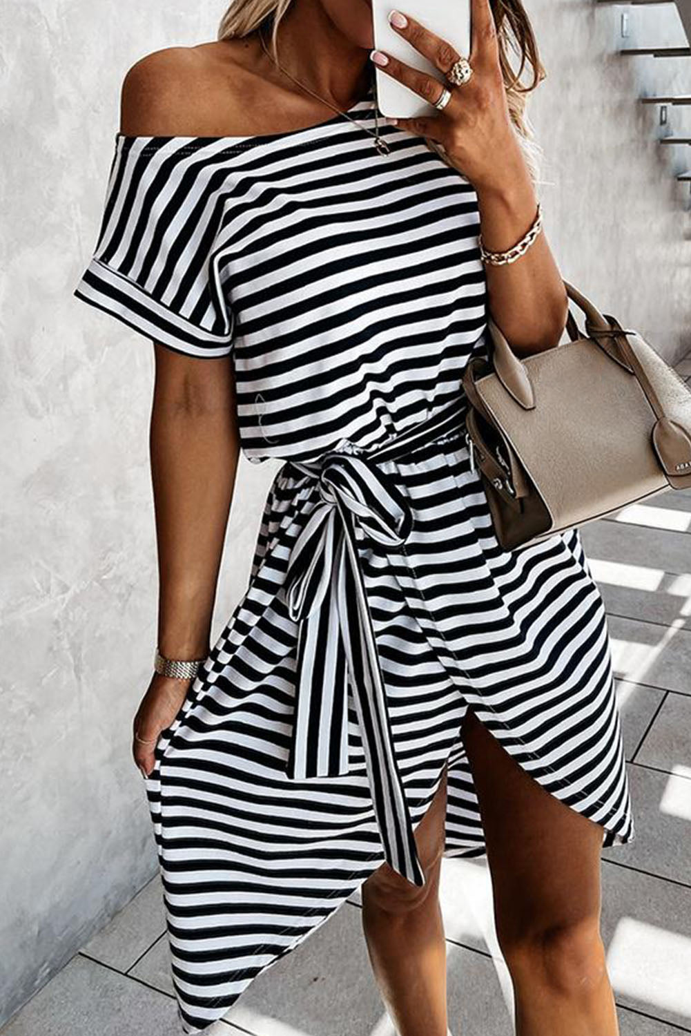 Black Striped Belted T-Shirt Dress
