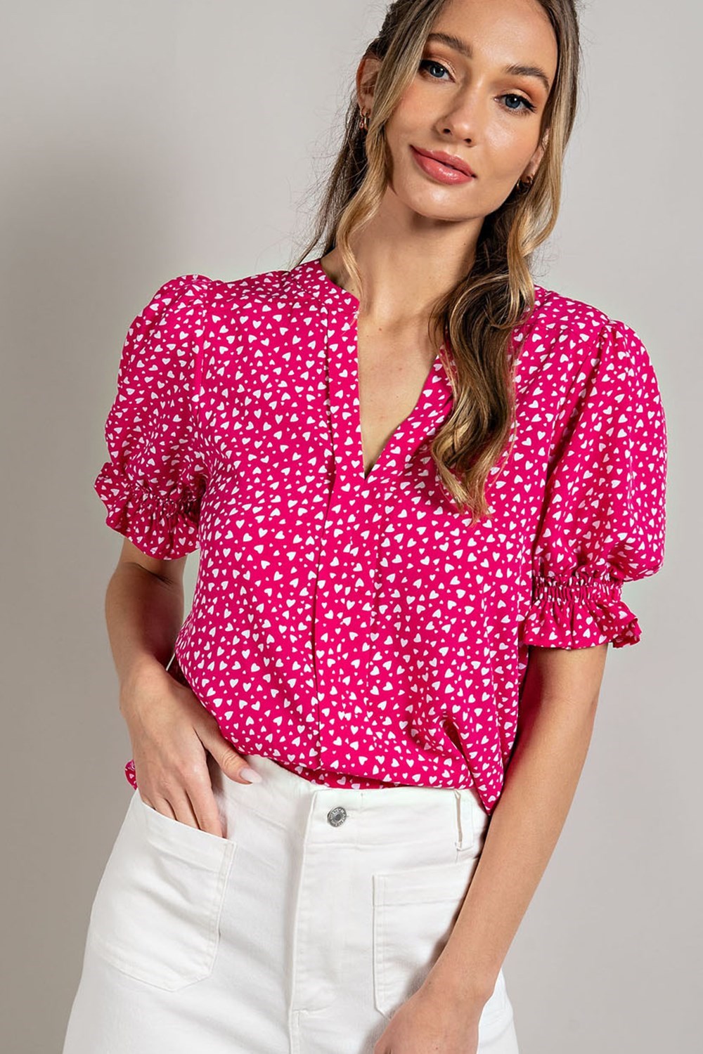 Pink Heart Pattern Print Blouse