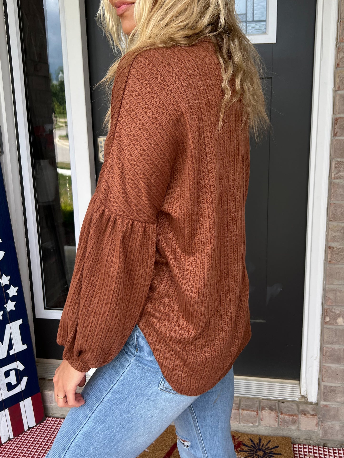Brown Textured Long Sleeve Top