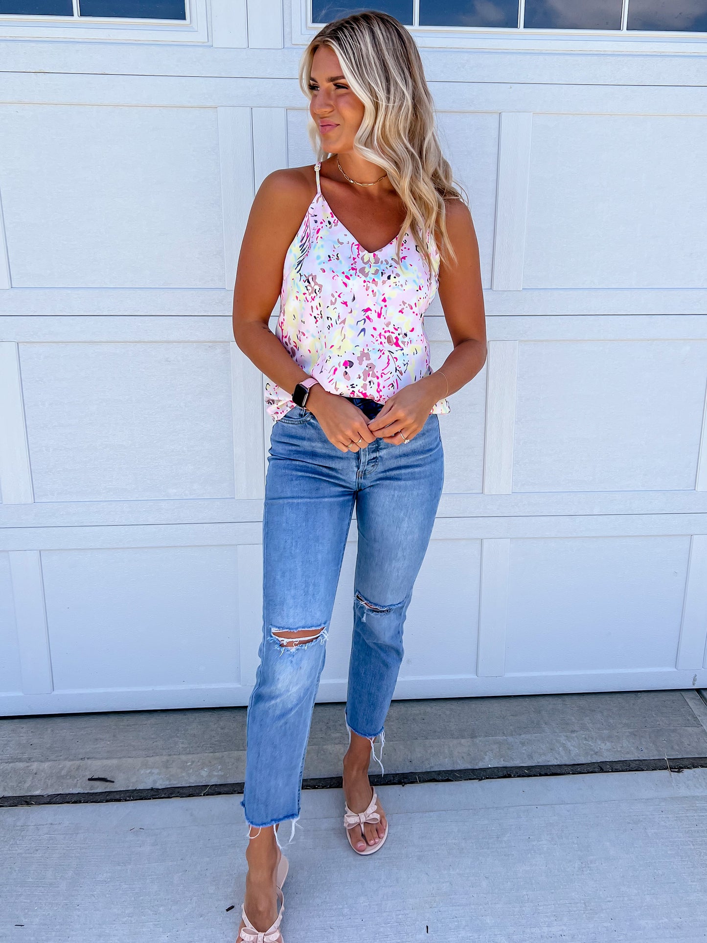 Ivory/Multi Colored Spaghetti Strap Top