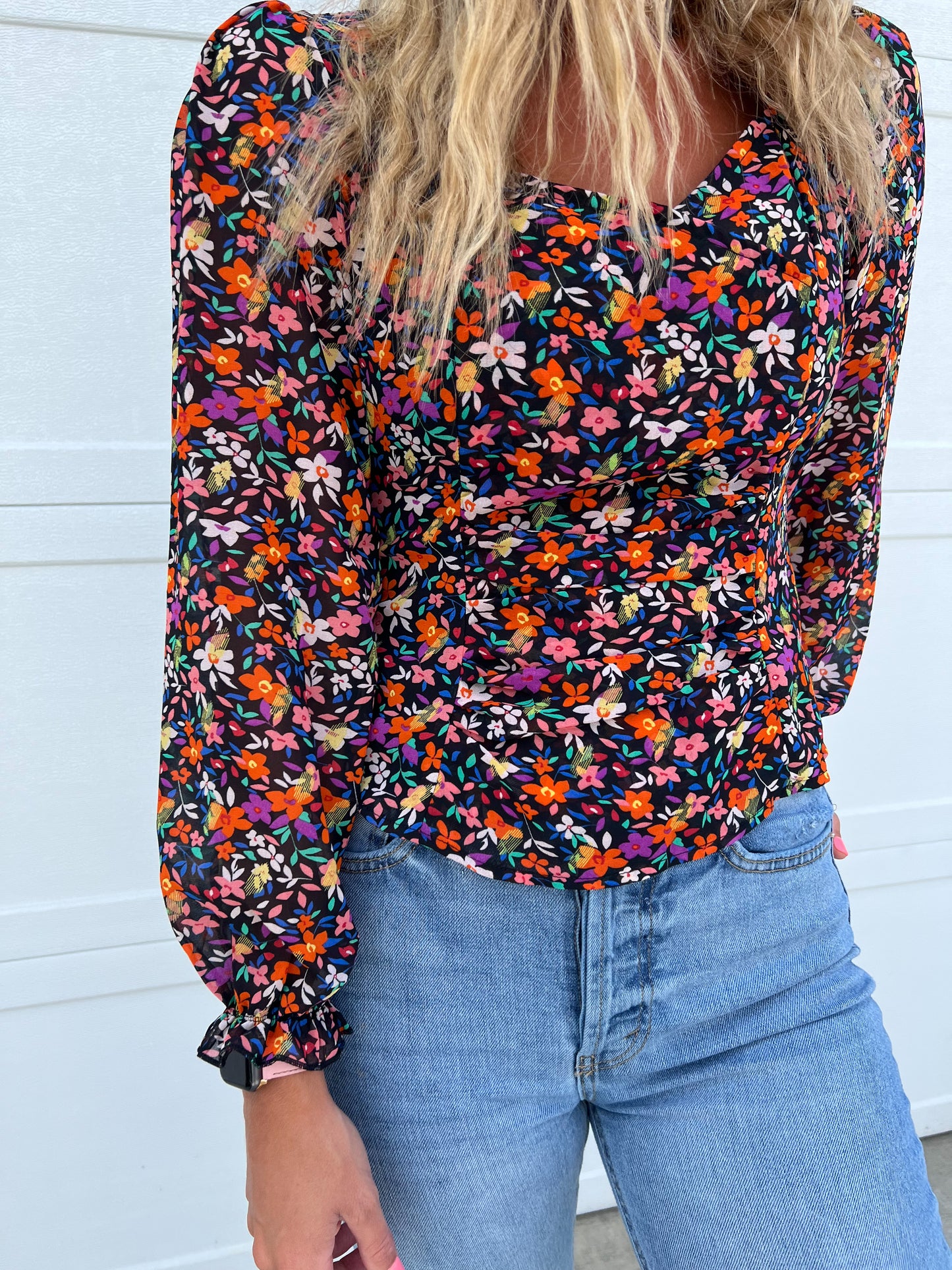 Black Bubble Sleeve Floral Blouse