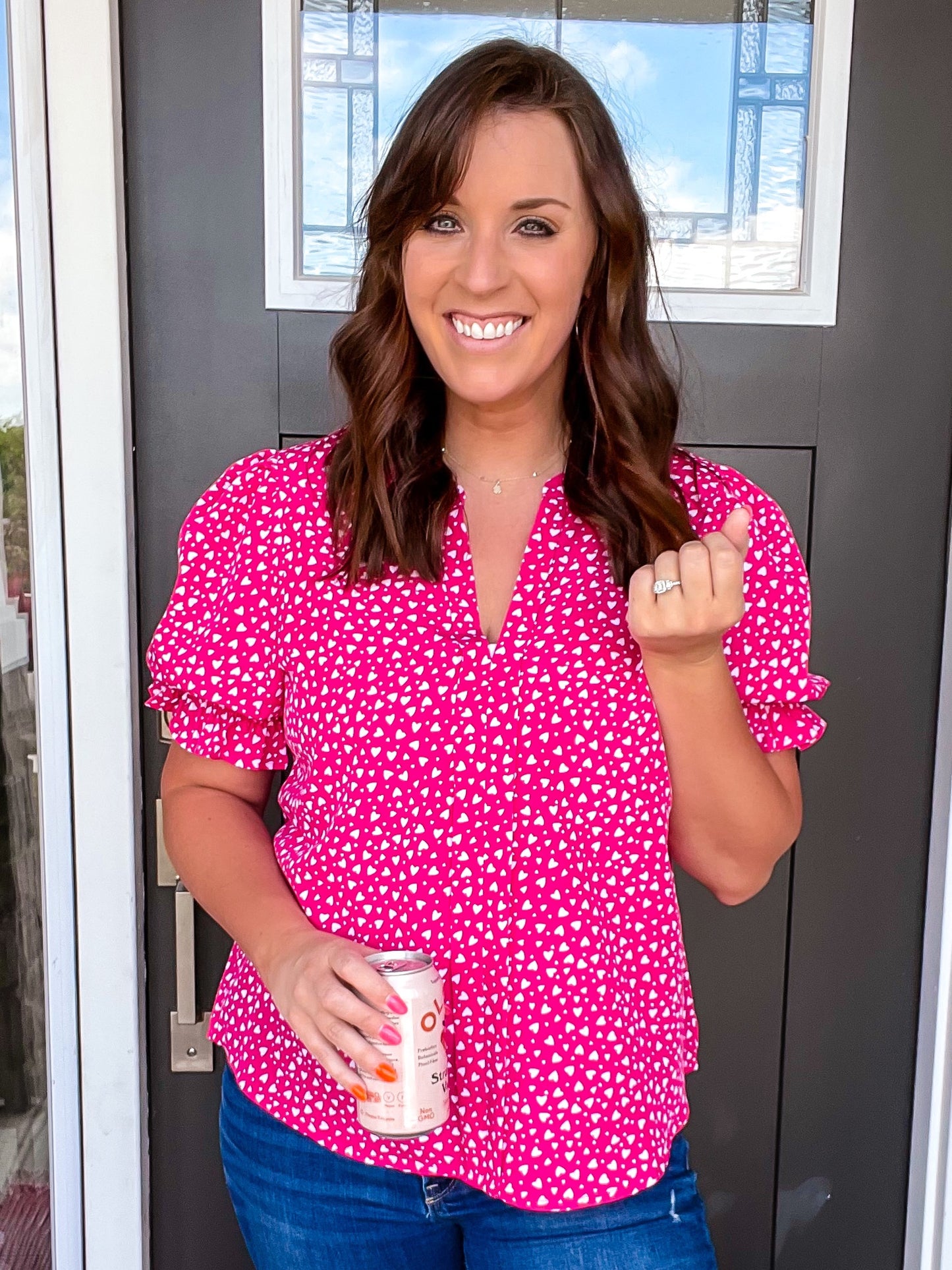 Pink Heart Pattern Print Blouse