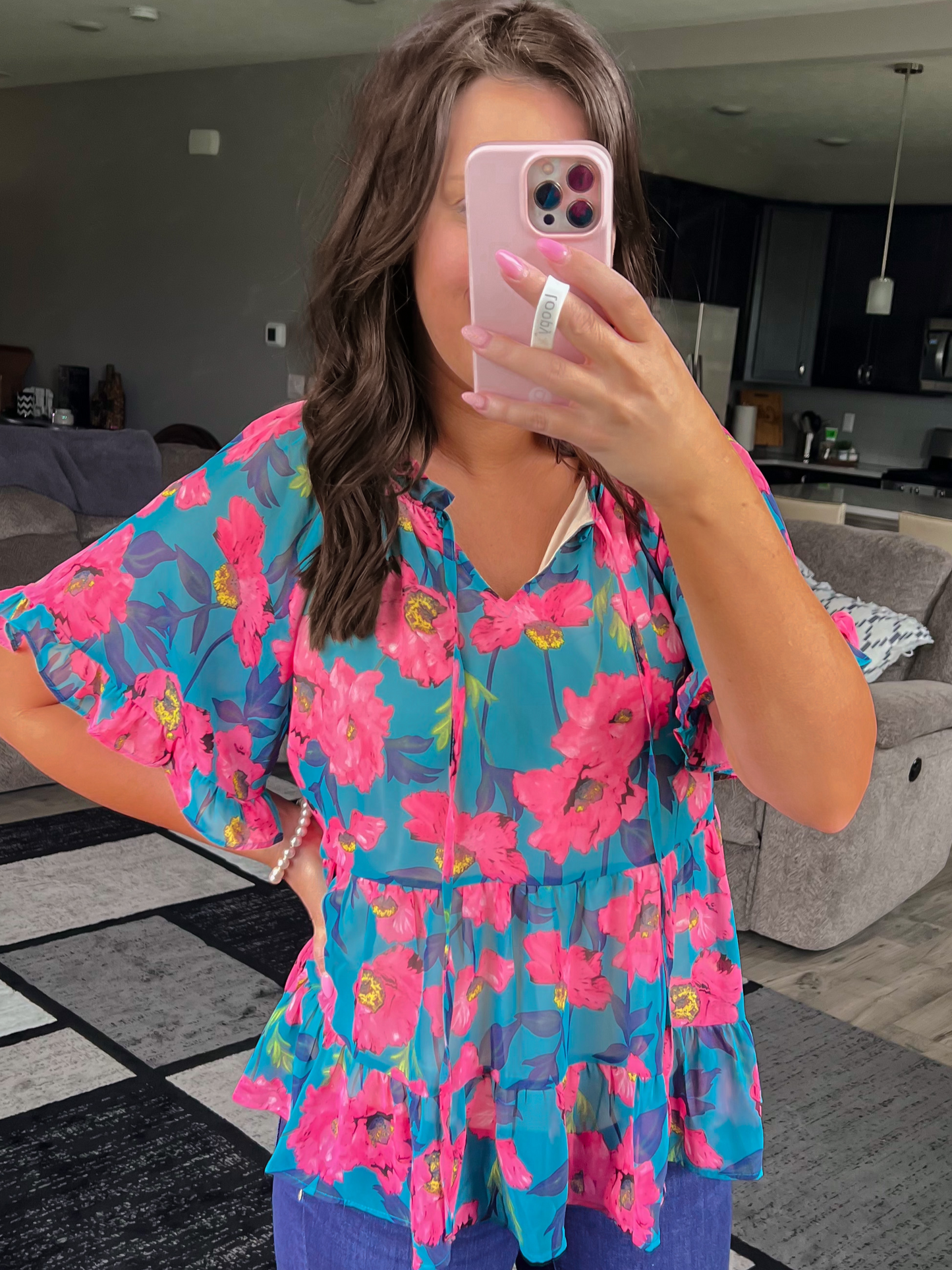 Teal Floral Print Blouse