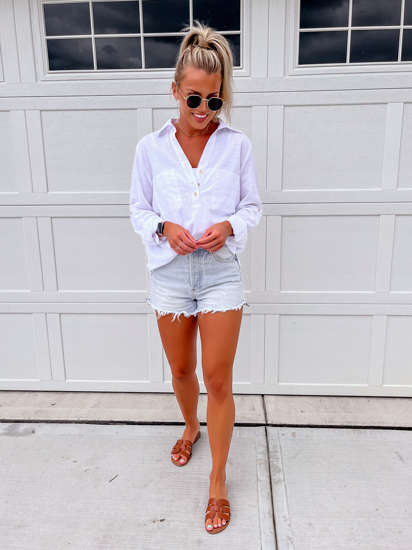 White 3/4 Button Down Blouse