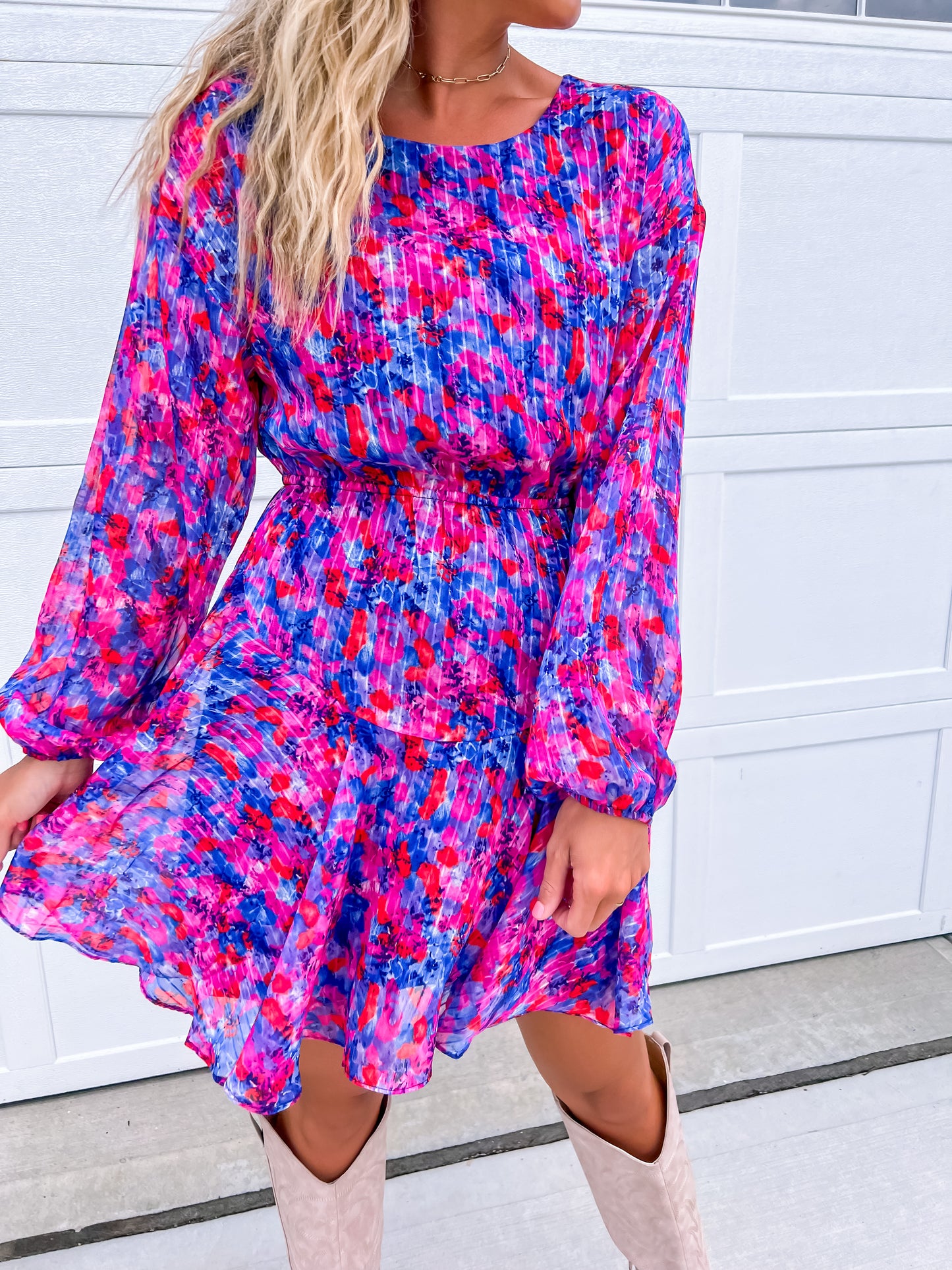 Cobalt/Hot Pink Long Sleeve Floral Dress
