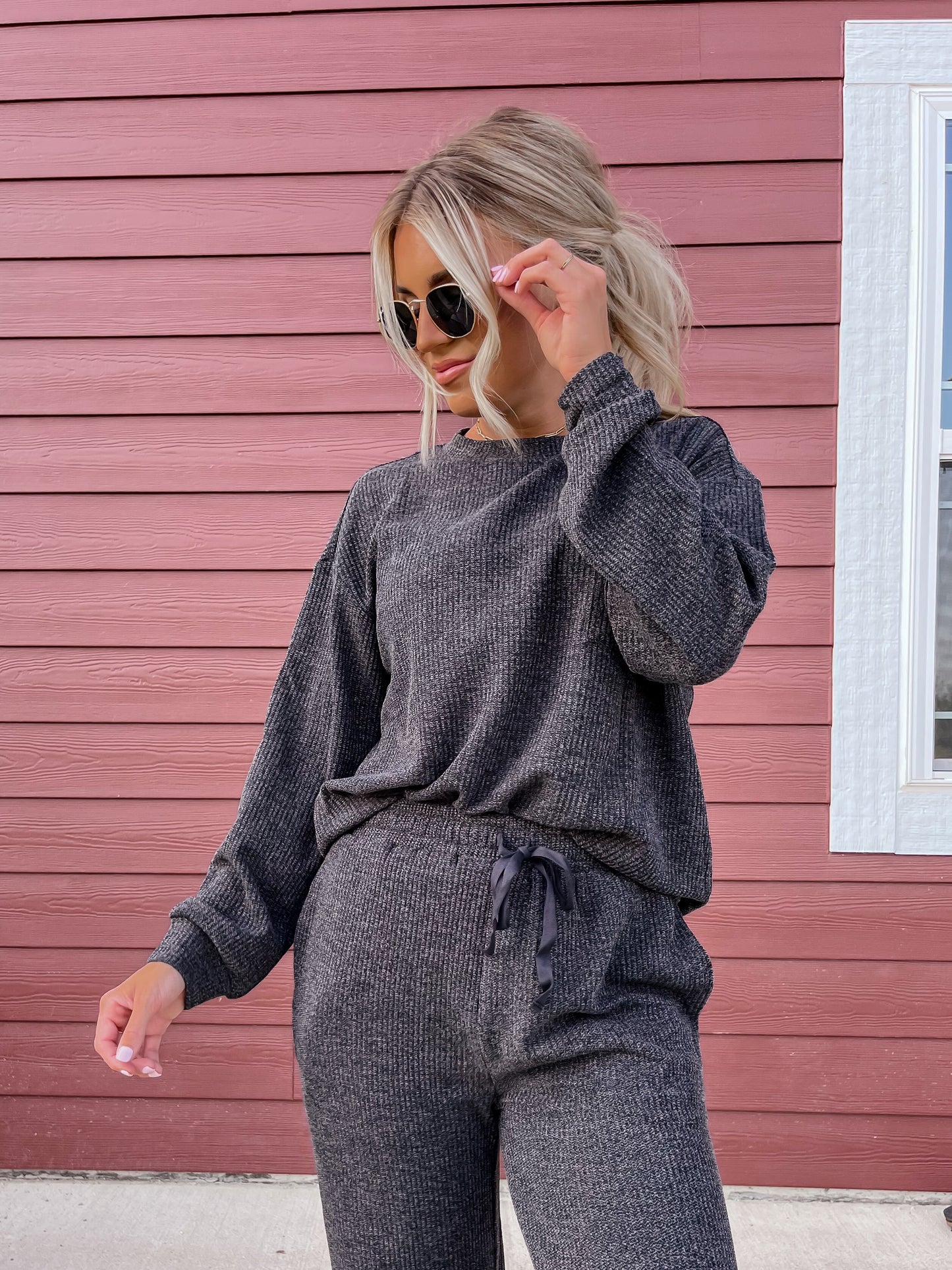 Charcoal Long Sleeve Waffle Knit