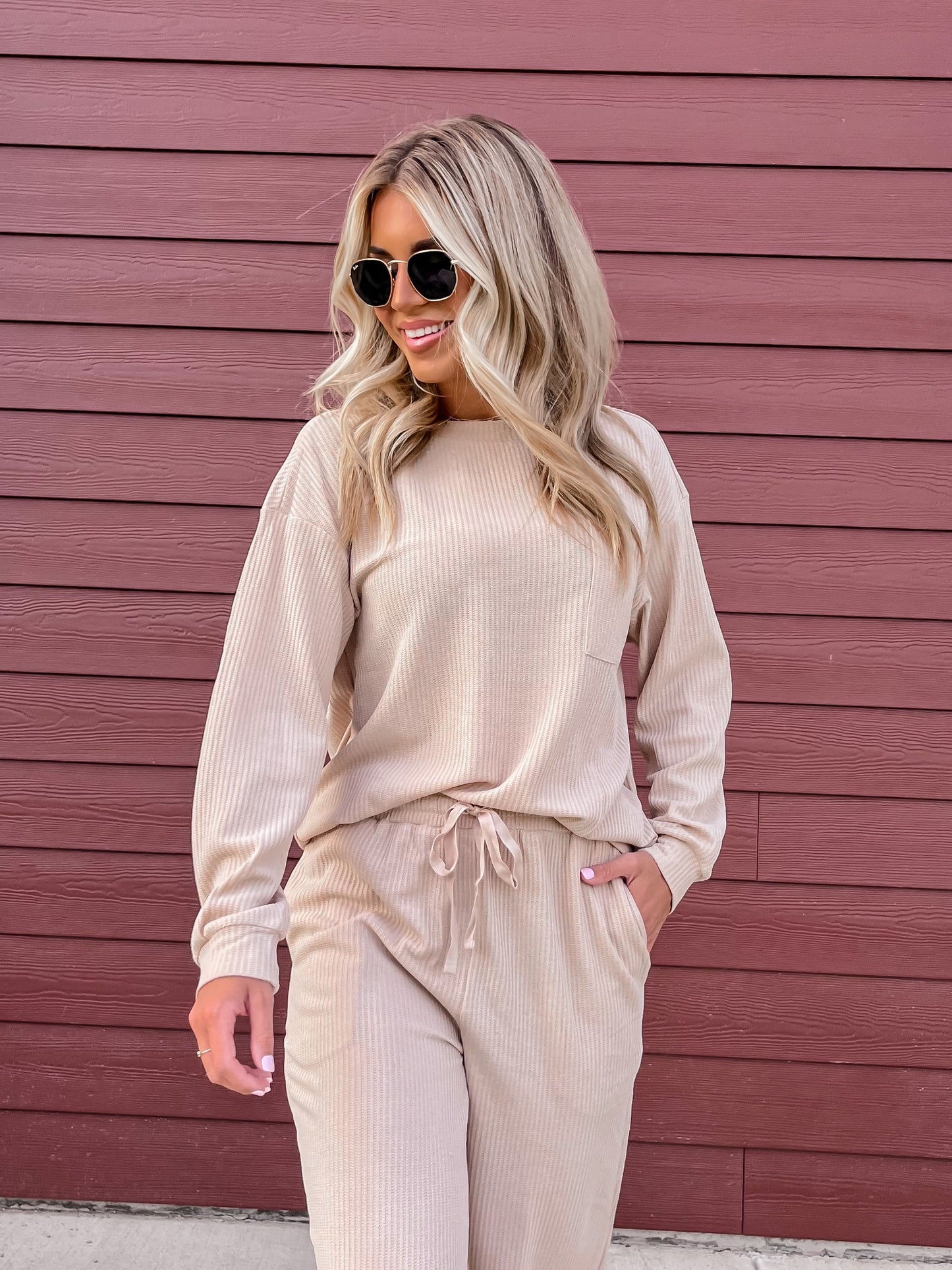 Champagne Long Sleeve Waffle Knit