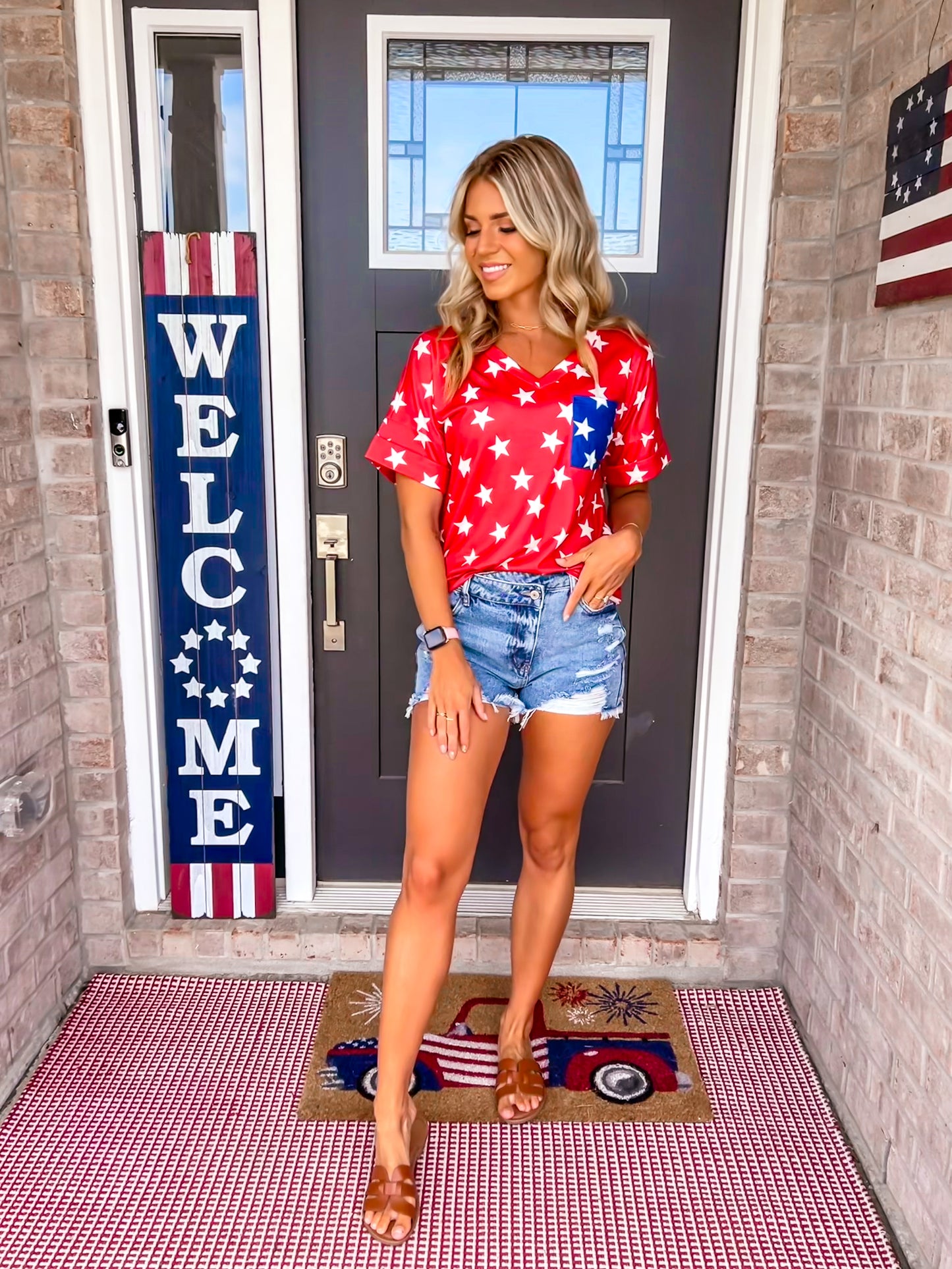 Red Star Print Top