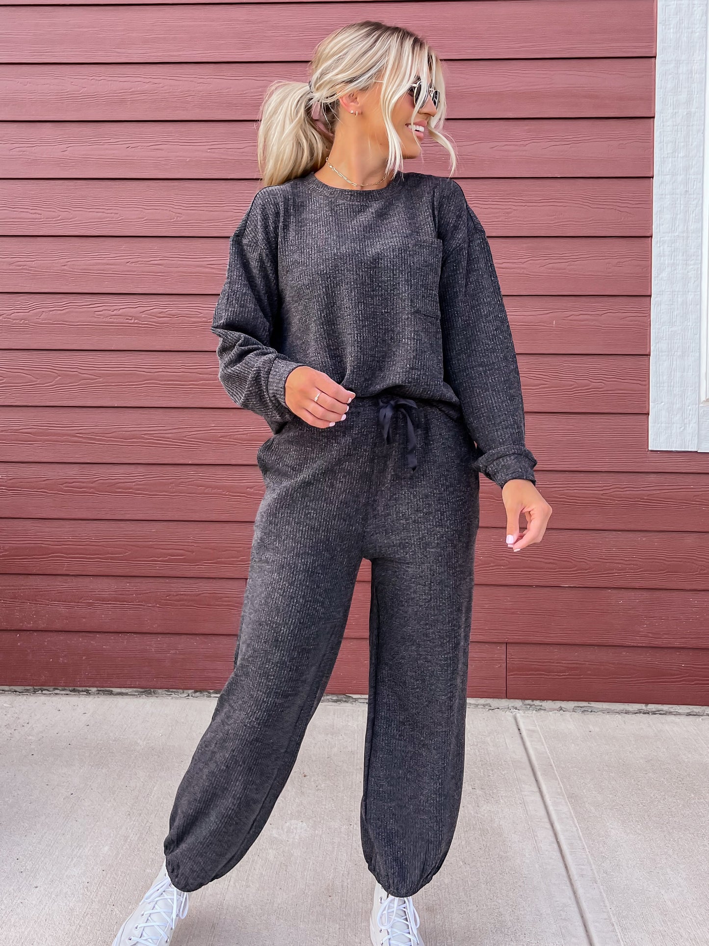 Charcoal Long Sleeve Waffle Knit