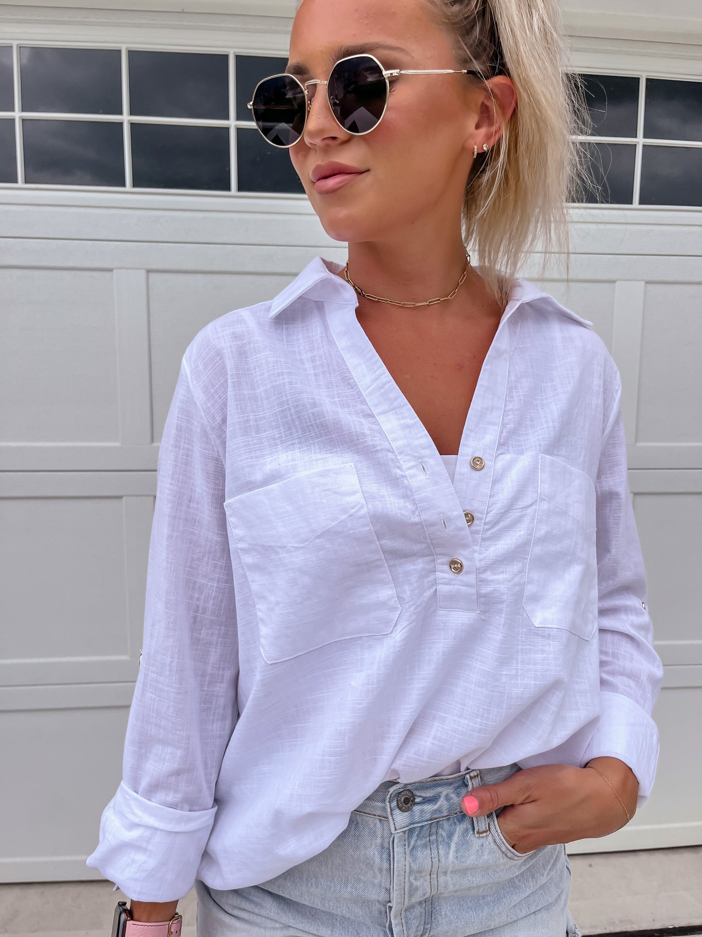 White 3/4 Button Down Blouse