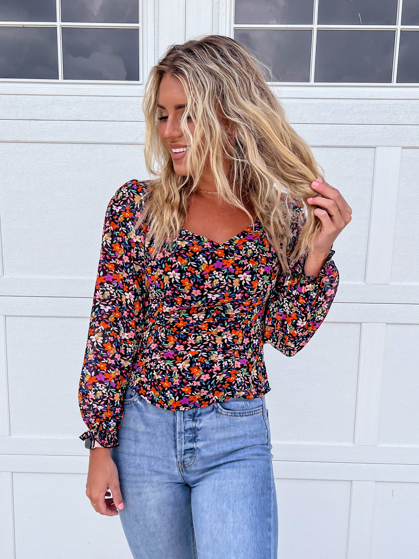 Black Bubble Sleeve Floral Blouse