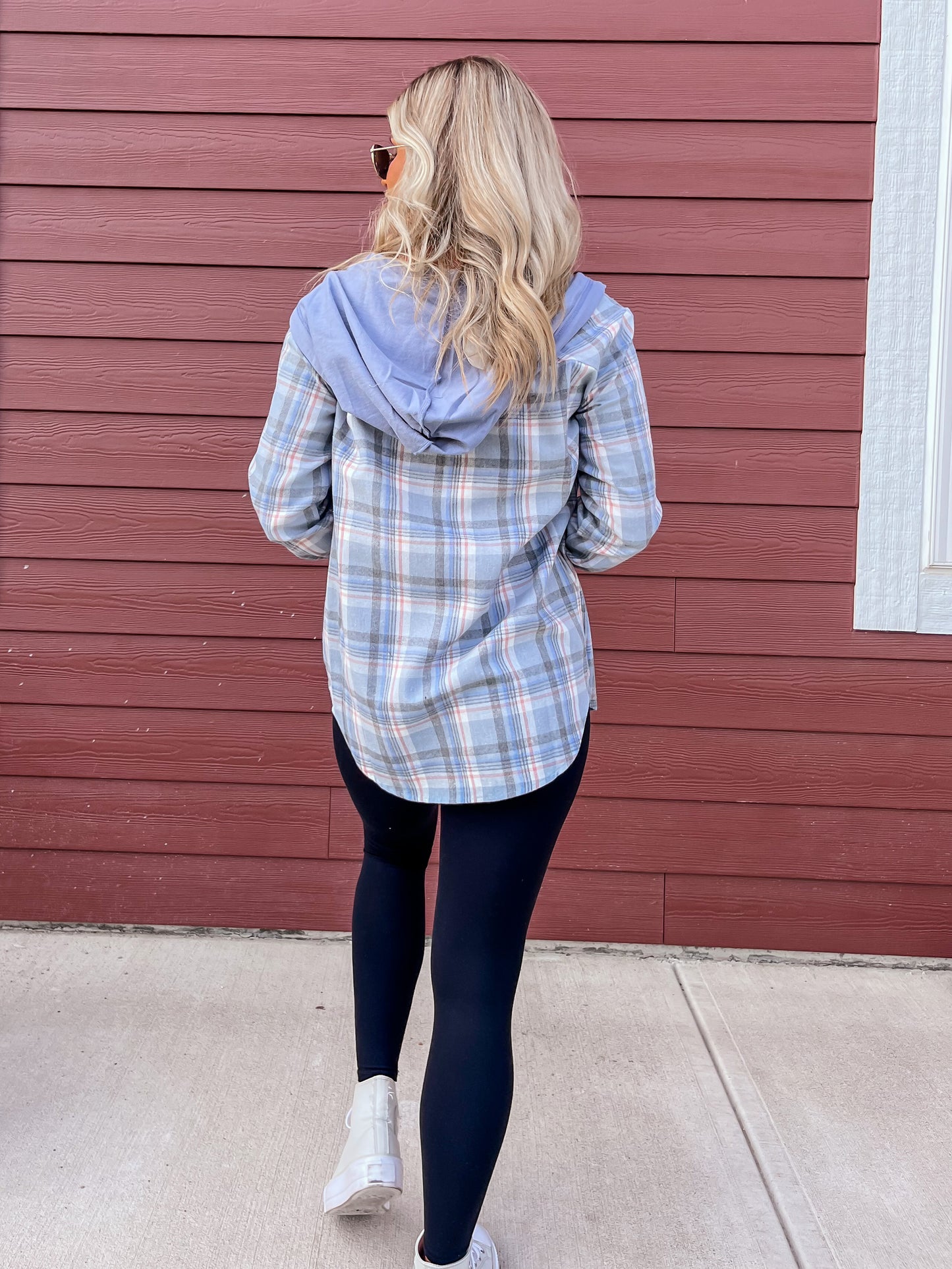Dusty Blue Plaid Hooded Flannel