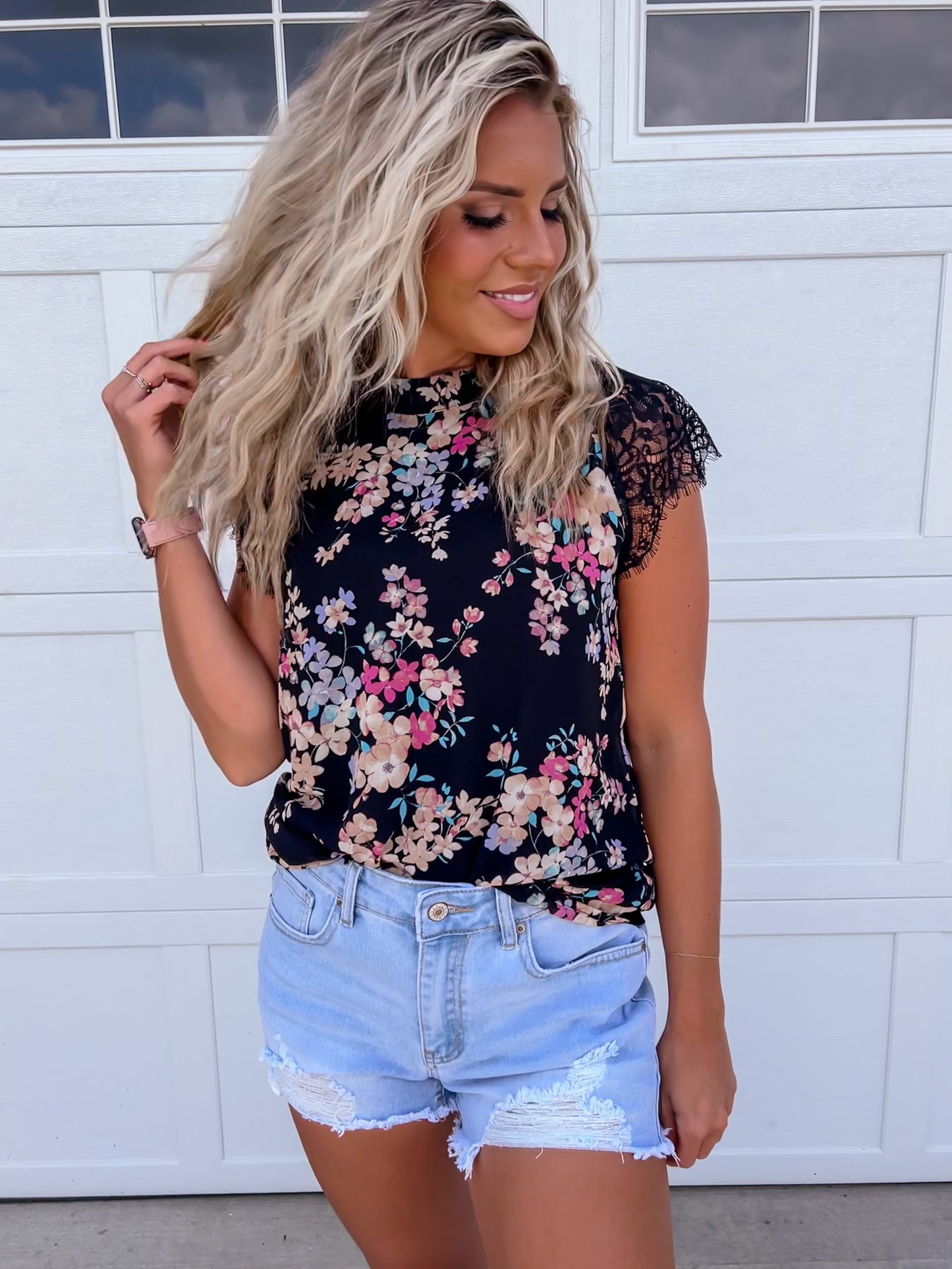 Black Floral Short Sleeve Blouse