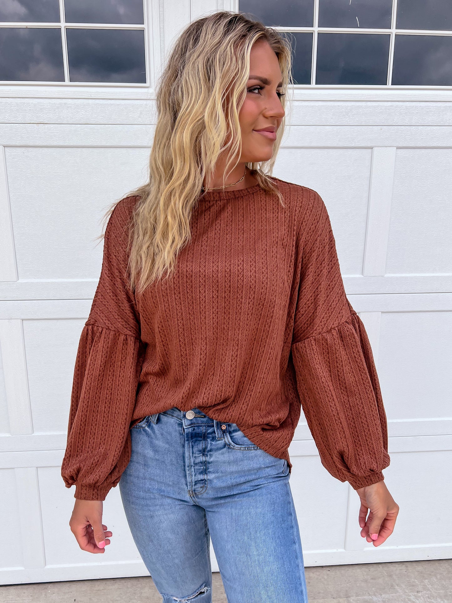 Brown Textured Long Sleeve Top