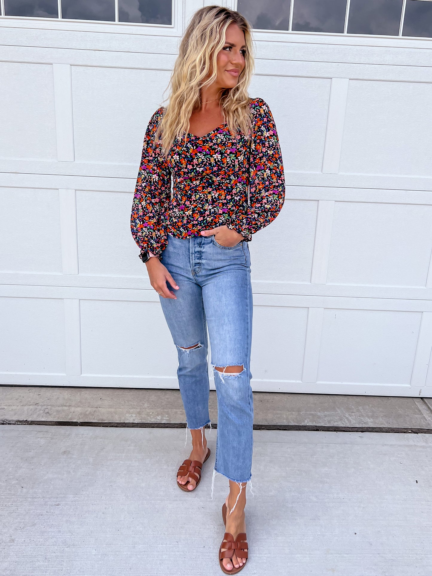 Black Bubble Sleeve Floral Blouse