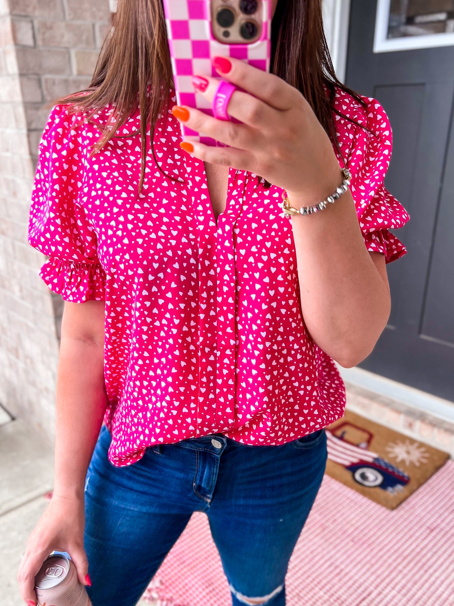 Pink Heart Pattern Print Blouse