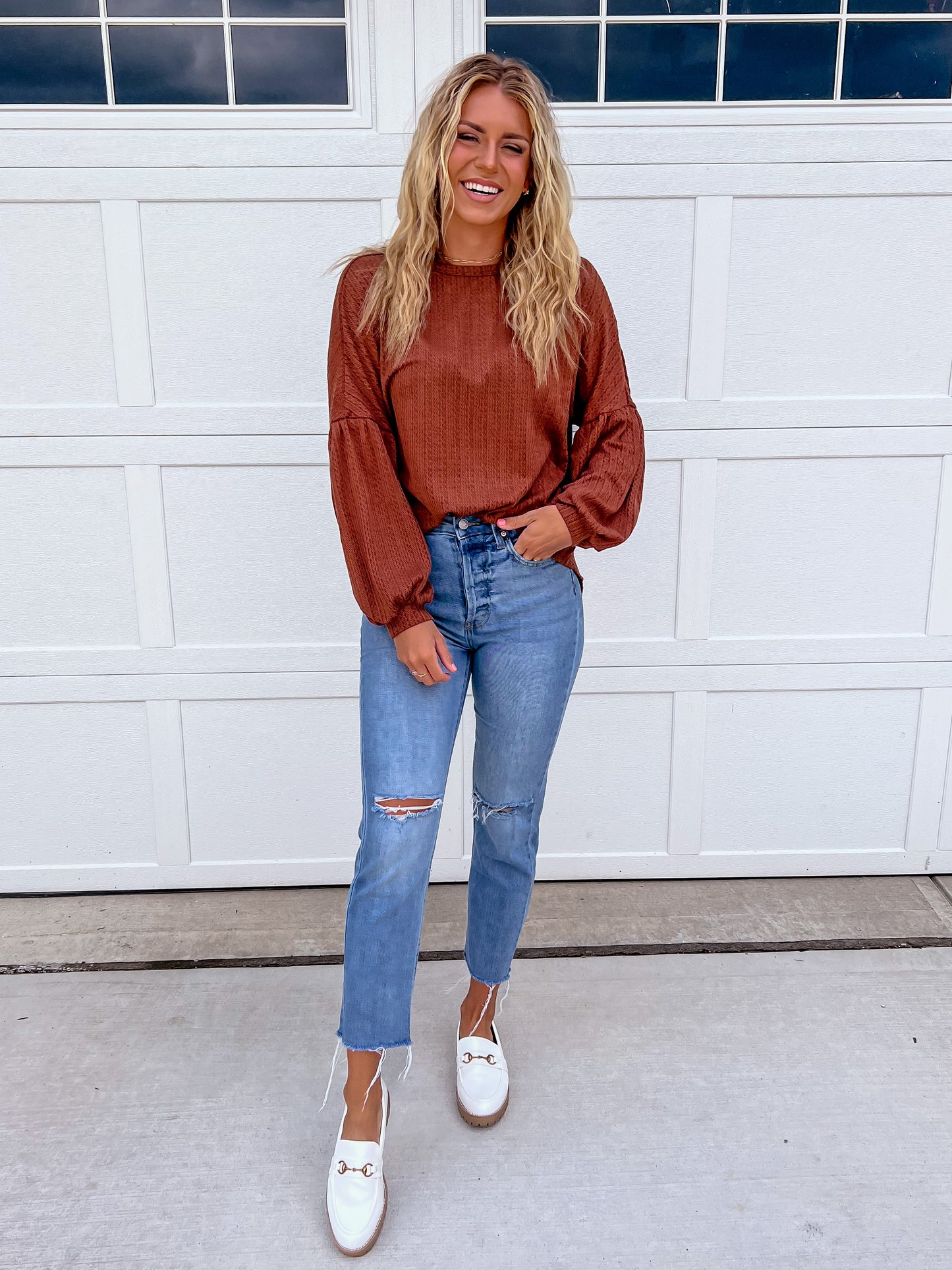 Brown Textured Long Sleeve Top