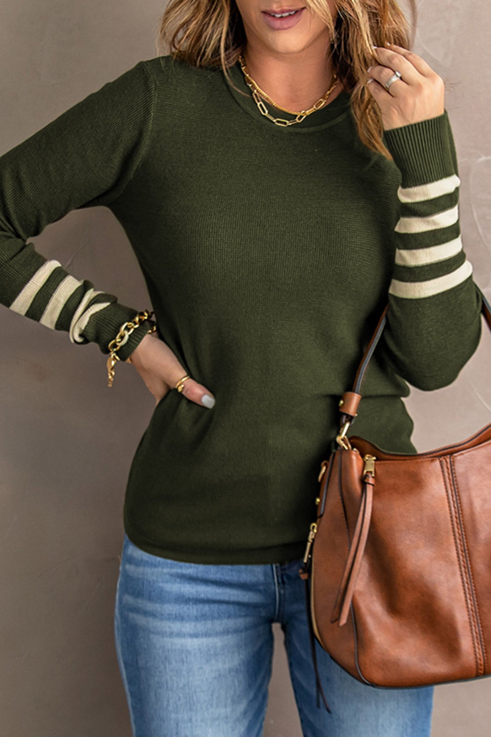 Green Casual Striped Sleeve Sweater