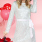 Silvery Sequin Long Sleeve Tie Waist Mini Dress