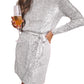 Silvery Sequin Long Sleeve Tie Waist Mini Dress