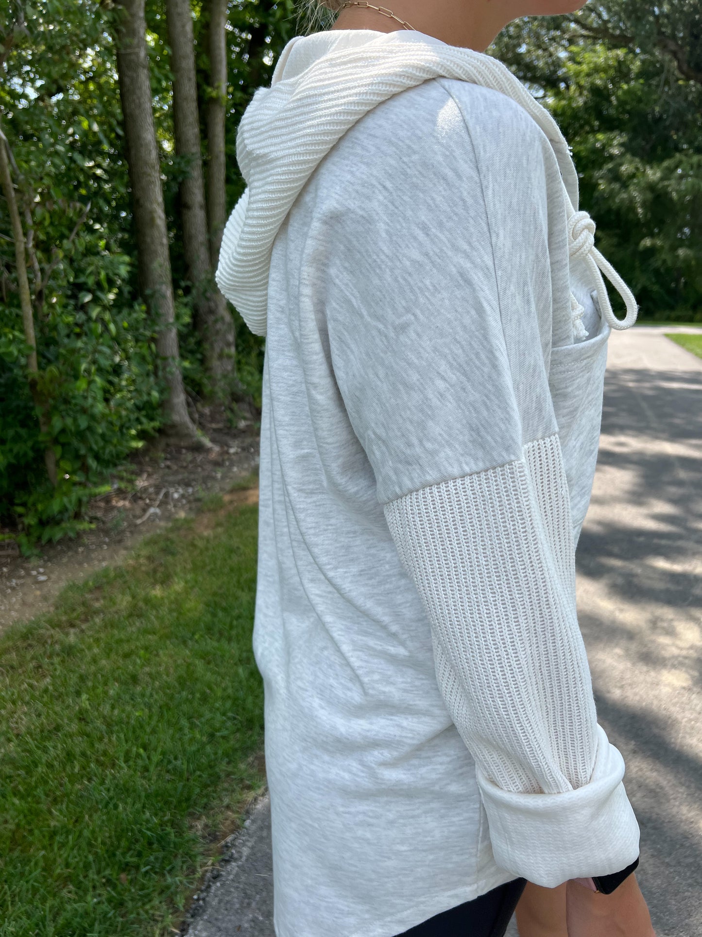 Grey Knitted Sleeve Hooded Pullover