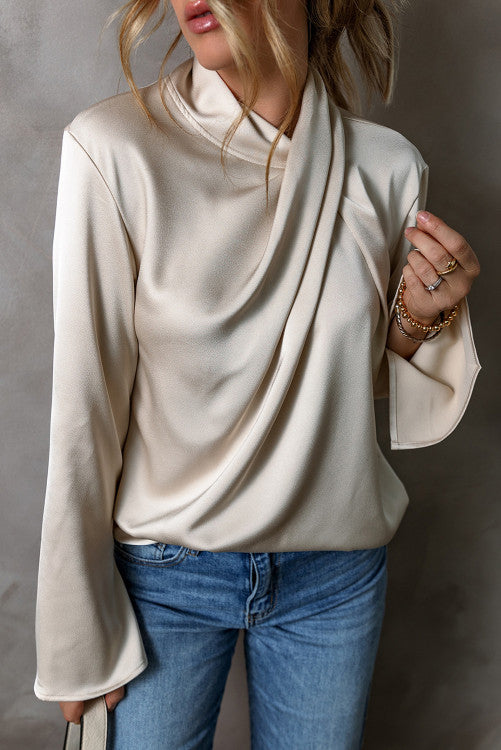 Draped Asymmetric Neck Satin Blouse