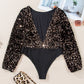 Black Sequin Deep V Back Puff Sleeve Bodysuit