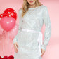 Silvery Sequin Long Sleeve Tie Waist Mini Dress