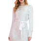 Silvery Sequin Long Sleeve Tie Waist Mini Dress