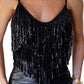 Black Sequin Tassel Adjustable Straps Crop Cami Top