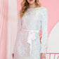 Silvery Sequin Long Sleeve Tie Waist Mini Dress