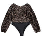 Black Sequin Deep V Back Puff Sleeve Bodysuit