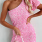 Pink Sequin One Shoulder Puff Sleeve Bodycon Mini Dress