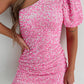 Pink Sequin One Shoulder Puff Sleeve Bodycon Mini Dress