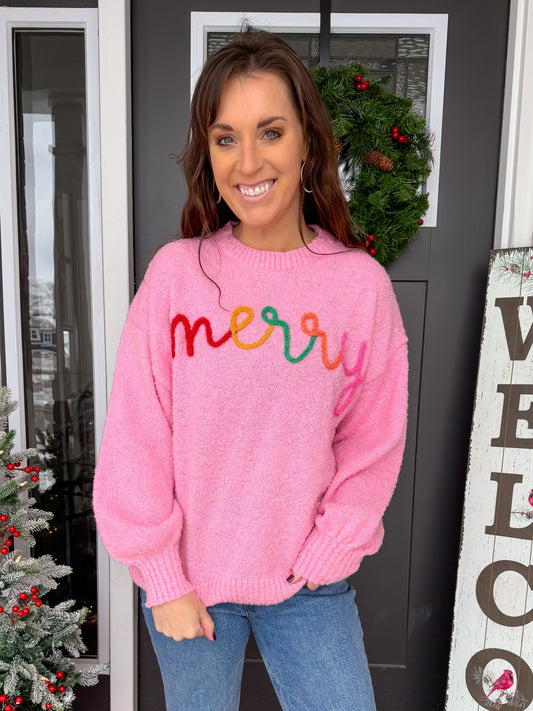 Pink 'Merry' Thread Embroidery Sweater